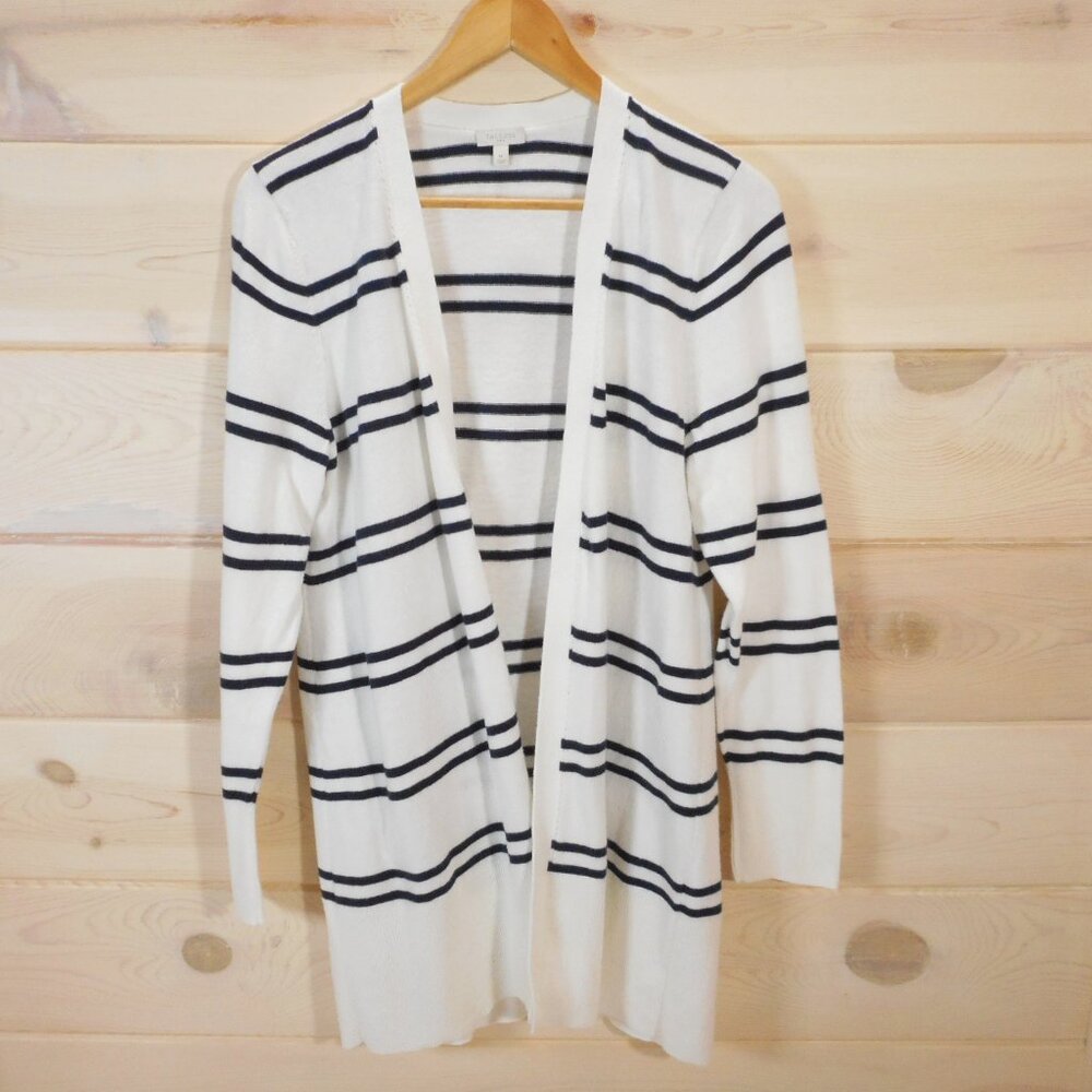 Talbots Women's M Open Front Cardigan Sweater Striped Knit Nautical Ivory